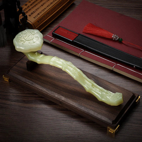 Handcarved Jade Ruyi Ornament with Walnut Wood Base