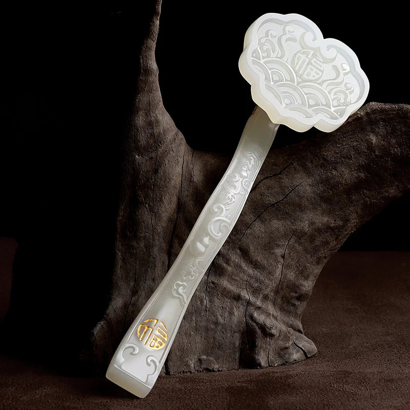 Handcarved Jade Ruyi Ornament with Walnut Wood Base