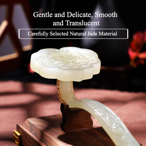 Handcarved Jade Ruyi Ornament with Walnut Wood Base