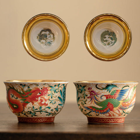 Gilded Dragon & Phoenix Teacup Set – Enamel Artistry