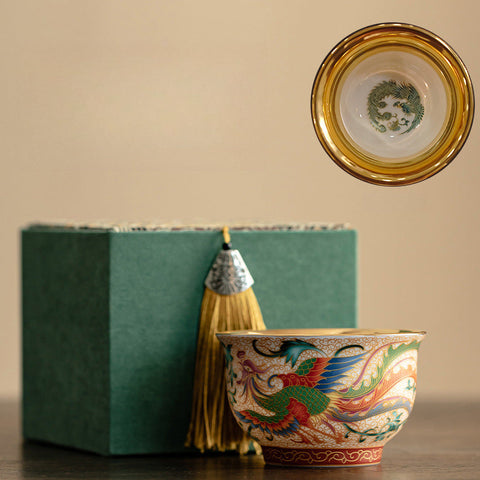 Gilded Dragon & Phoenix Teacup Set – Enamel Artistry