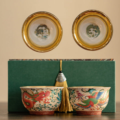 Gilded Dragon & Phoenix Teacup Set – Enamel Artistry