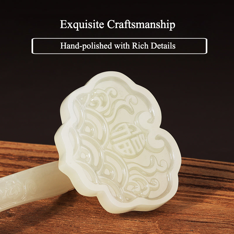 Handcarved Jade Ruyi Ornament with Walnut Wood Base