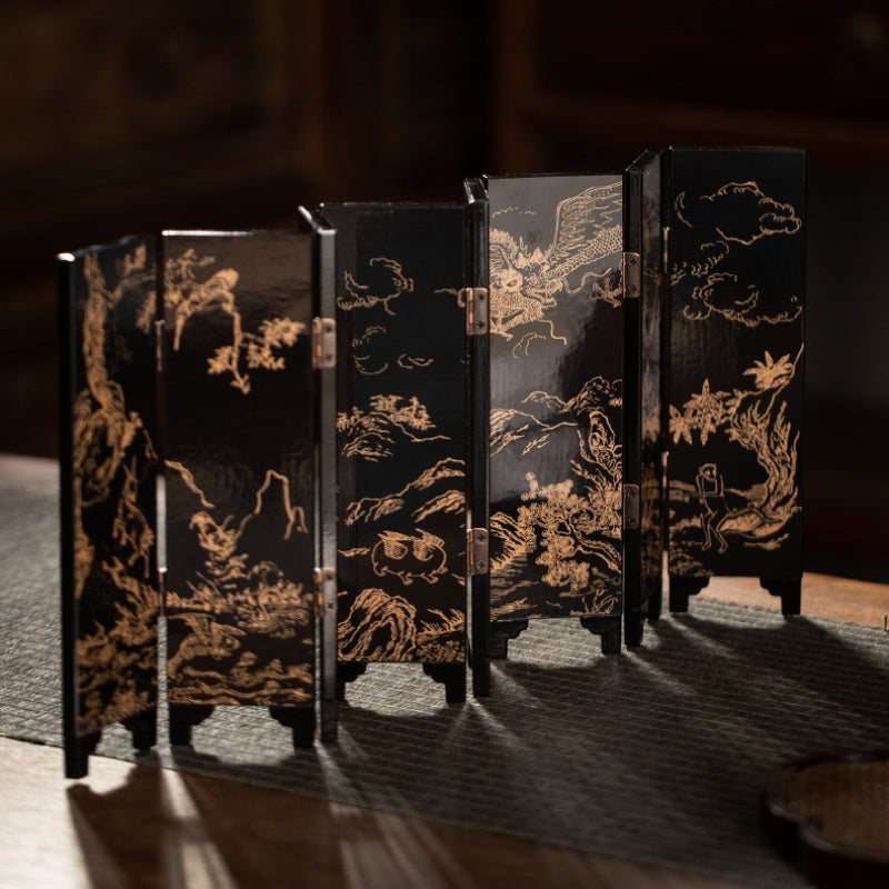Mythical Landscape Lacquer Screen | Folding Room Divider