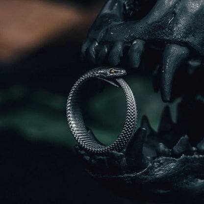 Dark silver Ouroboros ring on a textured black surface, showing the complete circular snake eating its tail.