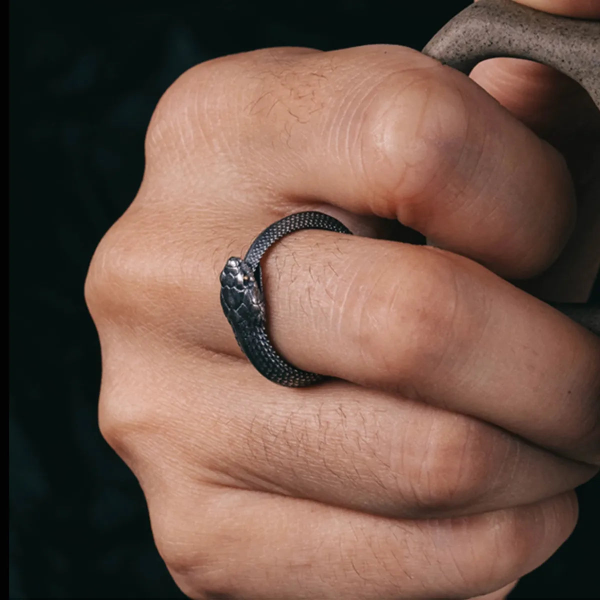 Blackened silver snake ring (Fate Eclipse Ring) worn on a finger, contrasting against the skin, showcasing its bold size and fit.