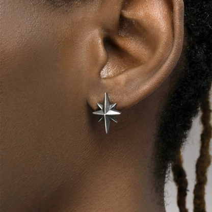 Handmade 925 sterling silver 8-pointed star stud earrings with an oxidized silver finish.