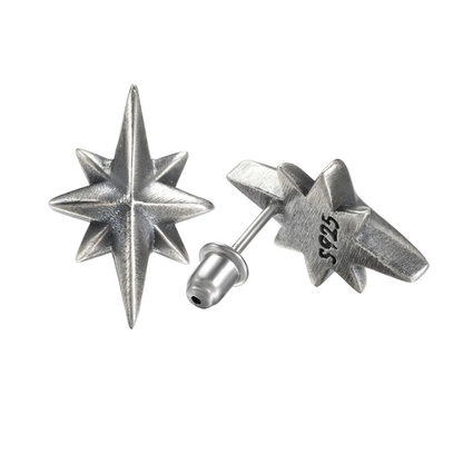 Handmade 925 sterling silver 8-pointed star stud earrings with an oxidized silver finish.