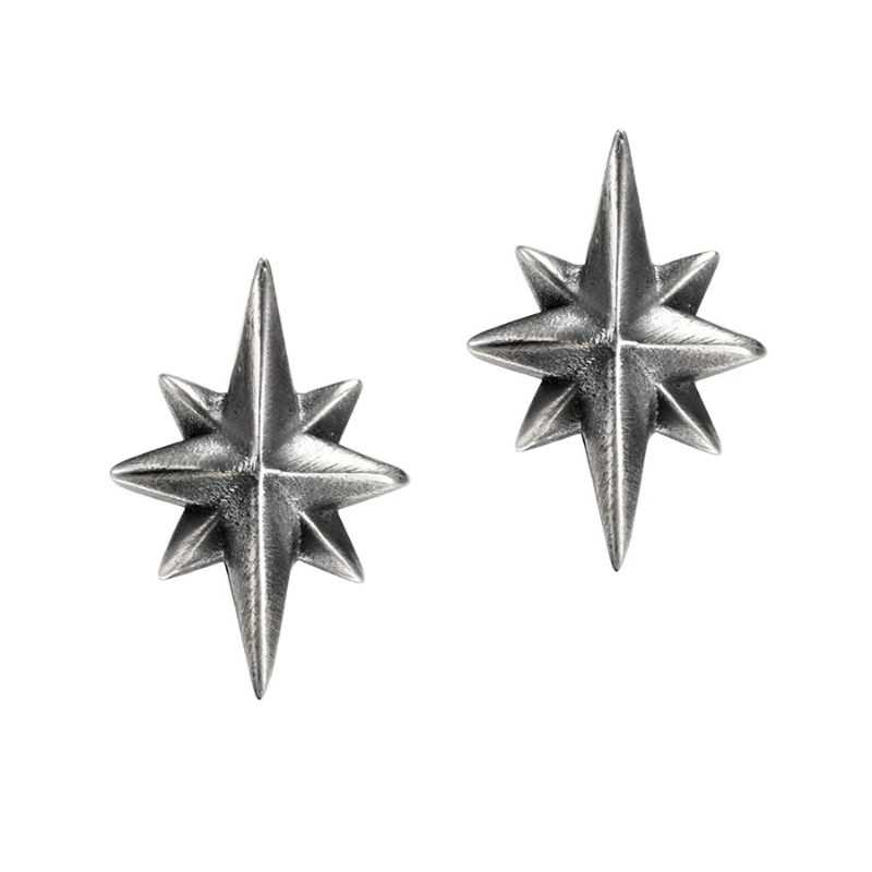 Handmade 925 sterling silver 8-pointed star stud earrings with an oxidized silver finish.
