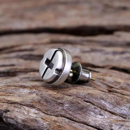 QITREASURES handmade 925 sterling silver stud earring in an industrial screw design with an oxidized silver finish.