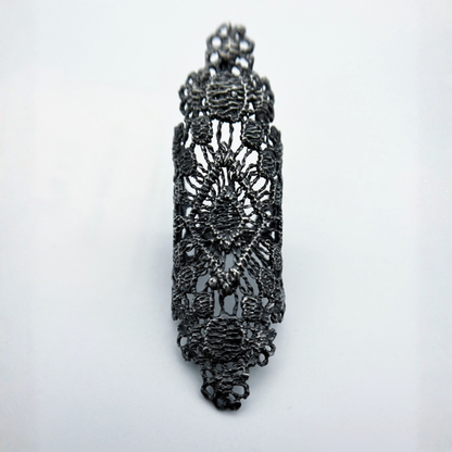 Intricate 925 sterling silver ring featuring handmade oxidized relic tracery and Gothic cathedral window inspired openwork.