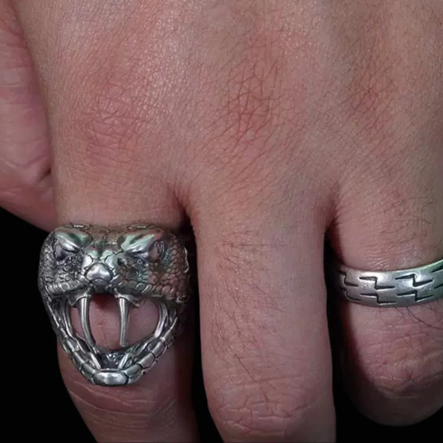 Men's oxidized silver snake ring, Fanged Resolve, with ruby gemstone for strength and transformation.